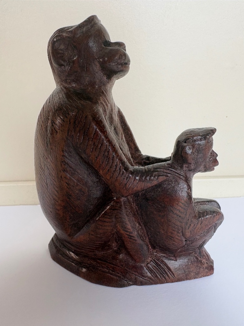 Vintage Boxwood Hand-Carved Sculpture Mother Monkey and Baby Carving